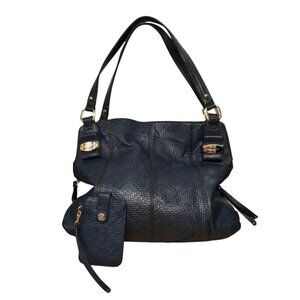 B. Makowsky Genuine Leather Slouch Hobo Shouder Bag And Card Case Textured Blue